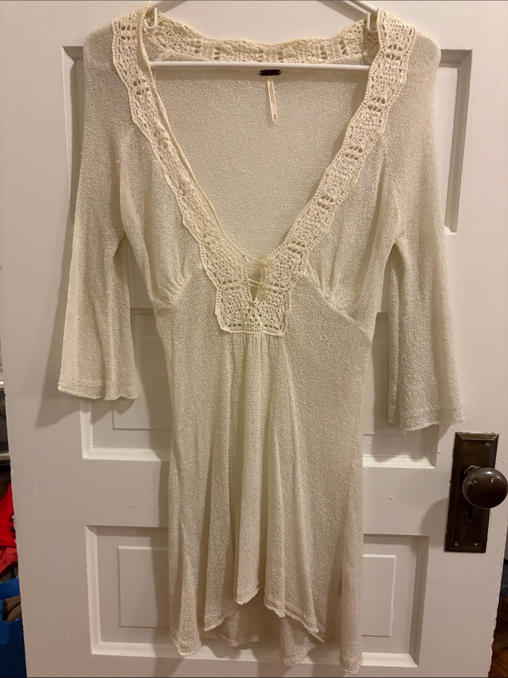 Vintage (2006) Free People Cream Crochet-Trim Sheer Tunic